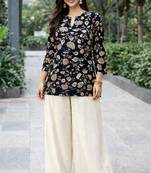 Womens new trendy black floral printed short kurti with beige palazzo set