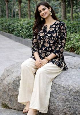 Womens black floral printed short kurti with beige palazzo set 2