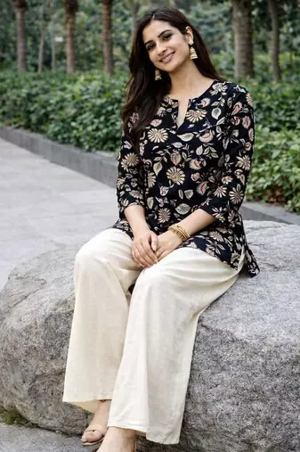 Womens new trendy black floral printed short kurti with beige palazzo set