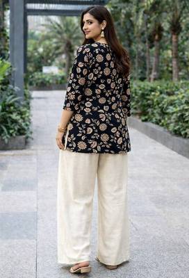 Womens black floral printed short kurti with beige palazzo set 3