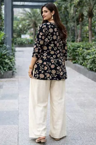 Womens new trendy black floral printed short kurti with beige palazzo set