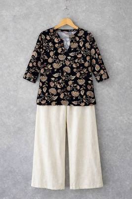 Womens black floral printed short kurti with beige palazzo set 4