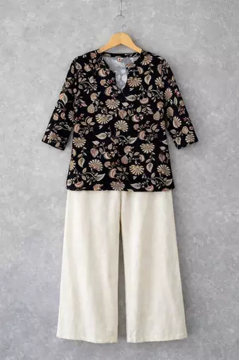 Womens new trendy black floral printed short kurti with beige palazzo set