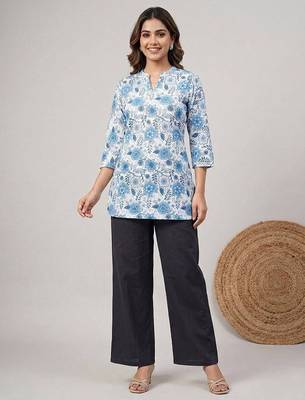 Womens blue floral printed short kurti with beige palazzo set 1