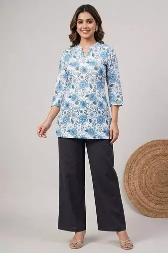 Womens new trendy blue floral printed short kurti with beige palazzo set