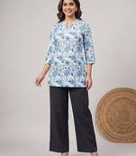 Womens new trendy blue floral printed short kurti with beige palazzo set