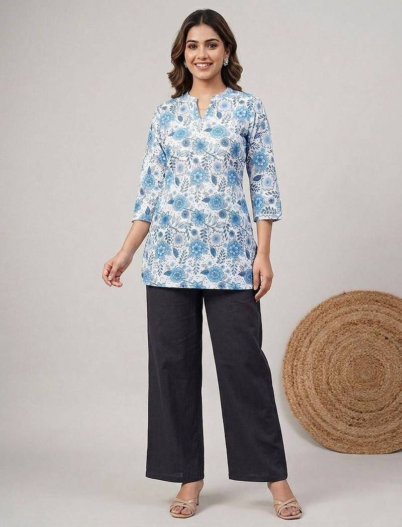 Womens new trendy blue floral printed short kurti with beige palazzo set