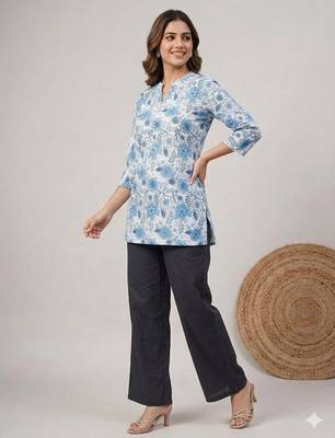 Womens blue floral printed short kurti with beige palazzo set 2