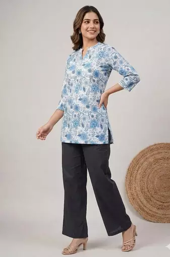 Womens new trendy blue floral printed short kurti with beige palazzo set