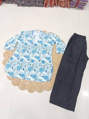 Womens blue floral printed short kurti with beige palazzo set 3
