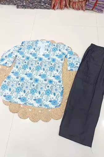 Womens new trendy blue floral printed short kurti with beige palazzo set