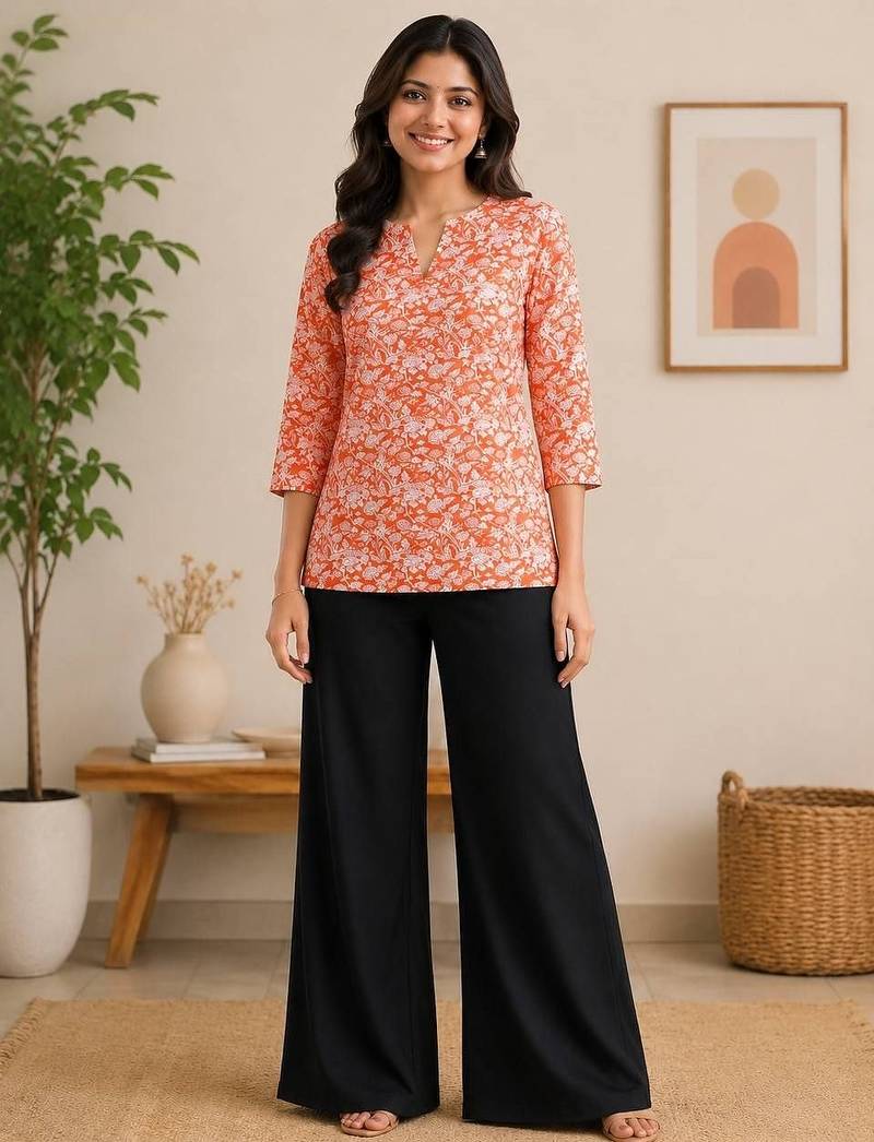 Womens new trendy orange floral printed short kurti with beige palazzo set