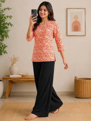 Womens orange floral printed short kurti with beige palazzo set 2
