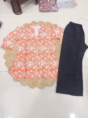Womens orange floral printed short kurti with beige palazzo set 4
