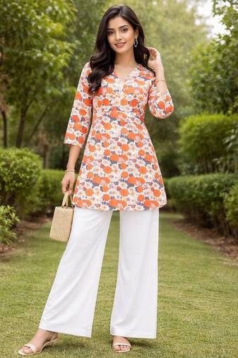 Womens orange flower floral printed short kurti with beige palazzo set