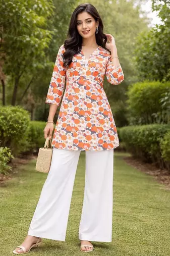 Womens new trendy orange flower floral printed short kurti with beige palazzo set