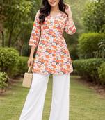 Womens new trendy orange  flower floral printed short kurti with beige palazzo set