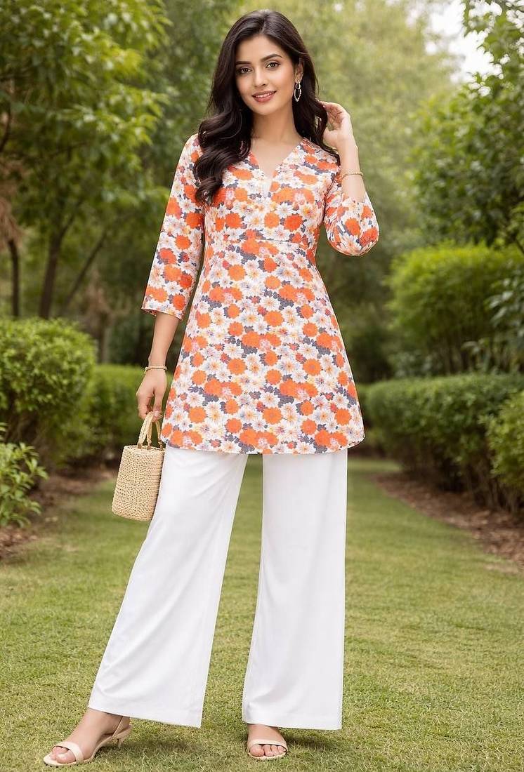 Womens new trendy orange  flower floral printed short kurti with beige palazzo set
