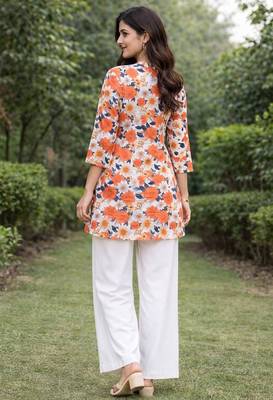 Womens orange flower floral printed short kurti with beige palazzo set 2