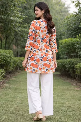 Womens new trendy orange flower floral printed short kurti with beige palazzo set