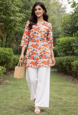 Womens orange flower floral printed short kurti with beige palazzo set 3