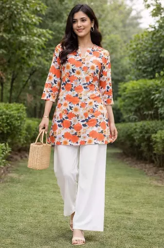 Womens new trendy orange flower floral printed short kurti with beige palazzo set
