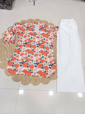 Womens orange flower floral printed short kurti with beige palazzo set 4