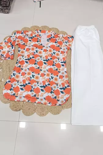Womens new trendy orange flower floral printed short kurti with beige palazzo set