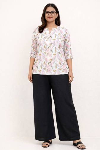 Womens pink flower floral printed short kurti with beige palazzo set