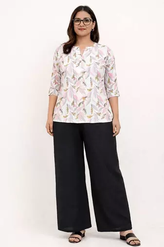 Womens new trendy pink flower floral printed short kurti with beige palazzo set