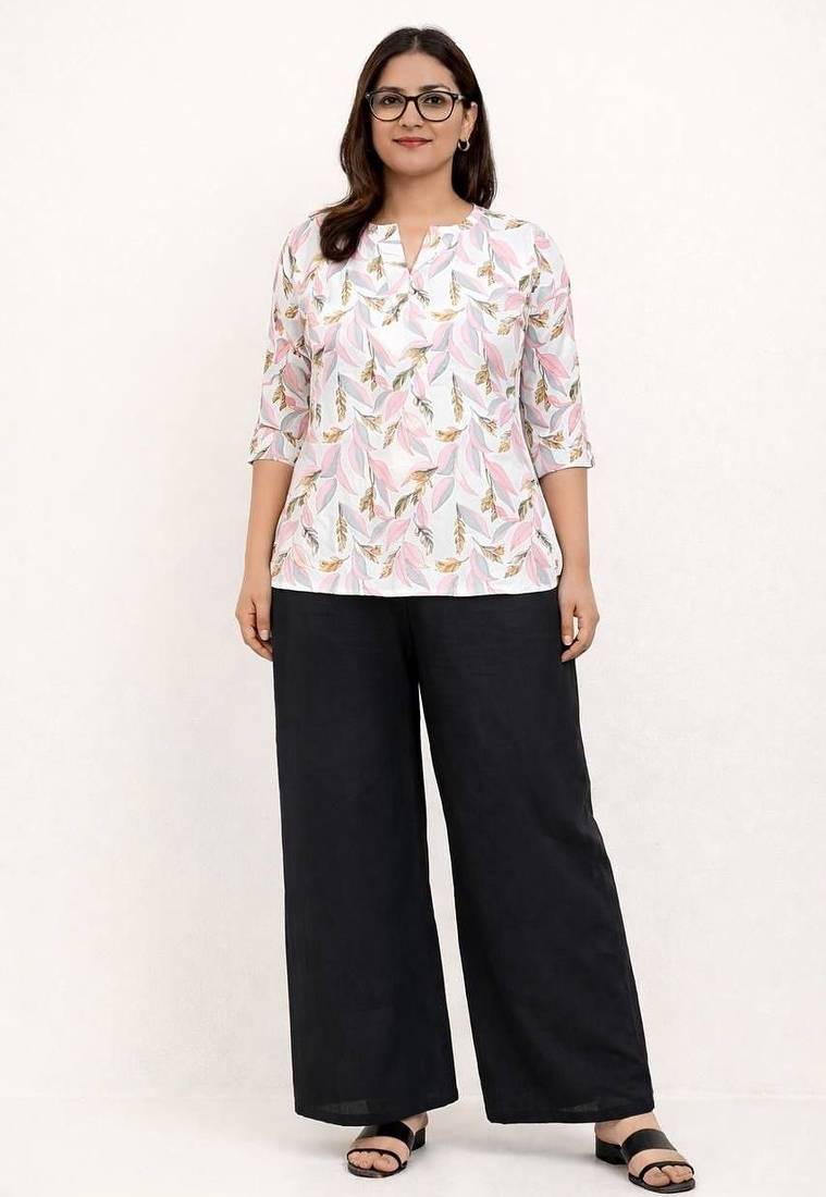 Womens new trendy pink  flower floral printed short kurti with beige palazzo set