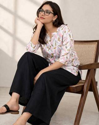 Womens pink flower floral printed short kurti with beige palazzo set 2