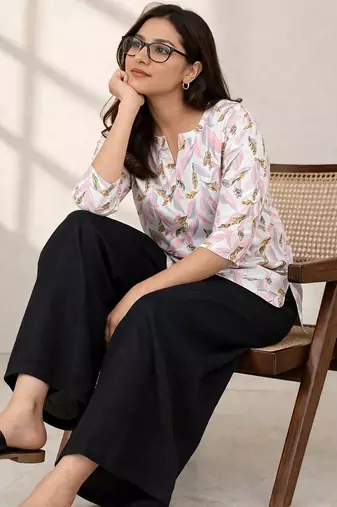 Womens new trendy pink flower floral printed short kurti with beige palazzo set