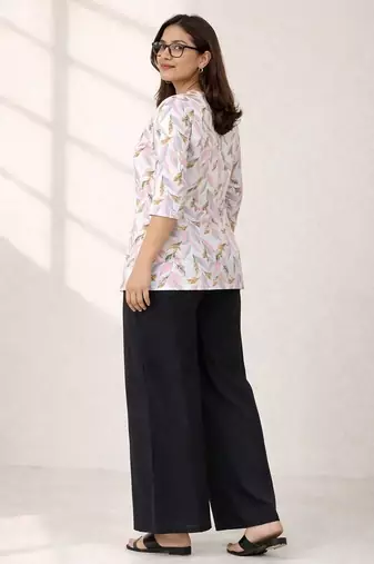Womens new trendy pink flower floral printed short kurti with beige palazzo set