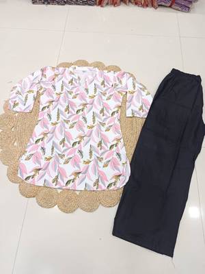 Womens pink flower floral printed short kurti with beige palazzo set 4
