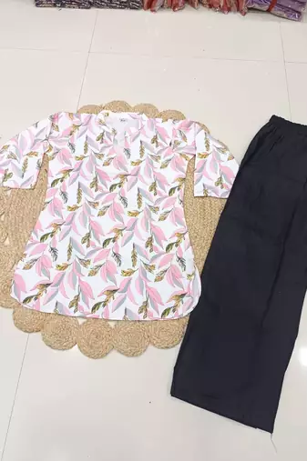 Womens new trendy pink flower floral printed short kurti with beige palazzo set
