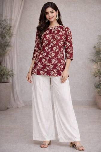 Womens red flower floral printed short kurti with beige palazzo set
