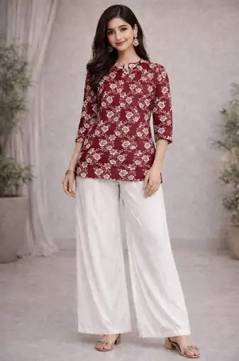 Womens new trendy red flower floral printed short kurti with beige palazzo set