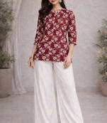 Womens new trendy red  flower floral printed short kurti with beige palazzo set