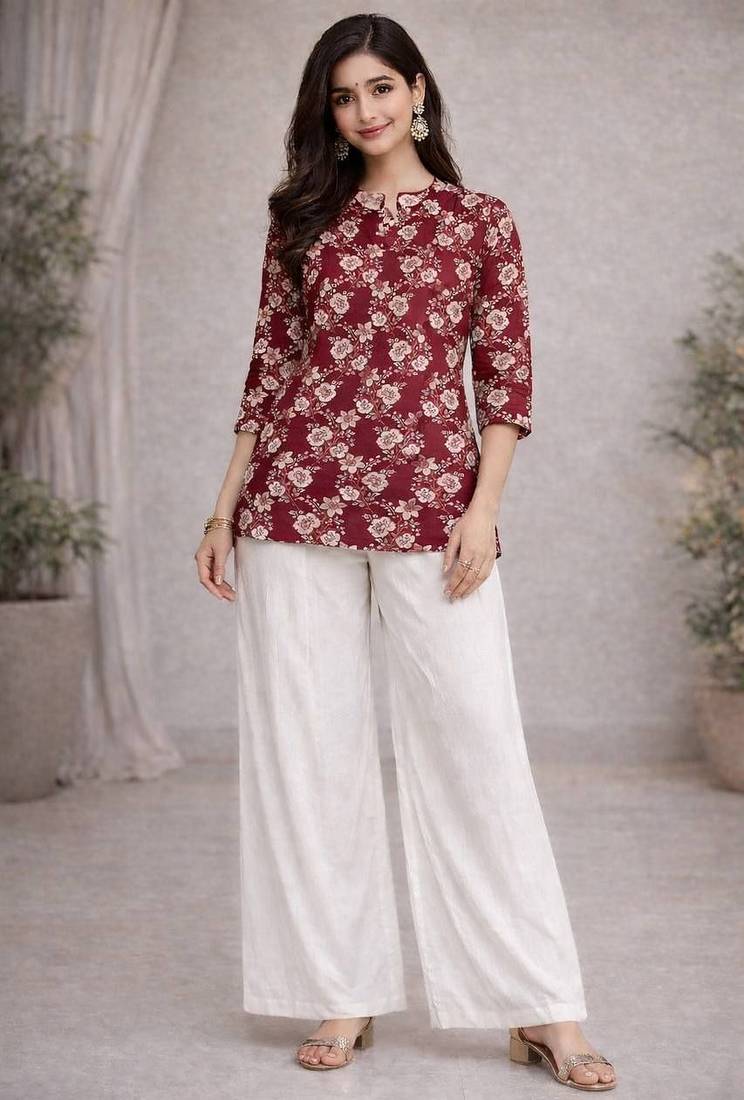 Womens new trendy red  flower floral printed short kurti with beige palazzo set