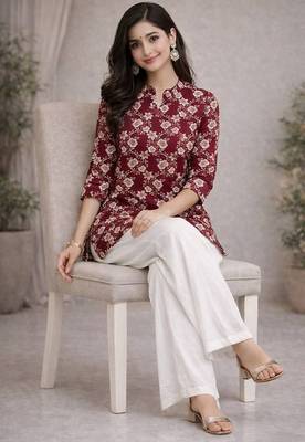 Womens red flower floral printed short kurti with beige palazzo set 2