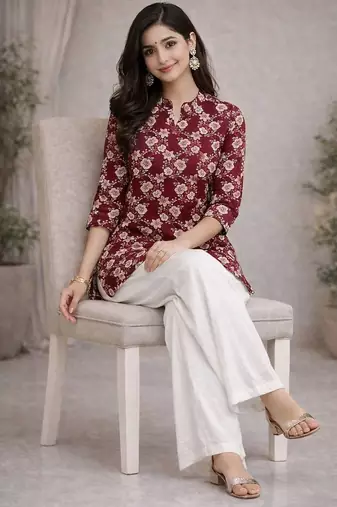 Womens new trendy red flower floral printed short kurti with beige palazzo set