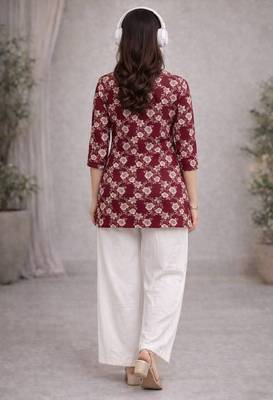 Womens red flower floral printed short kurti with beige palazzo set 3