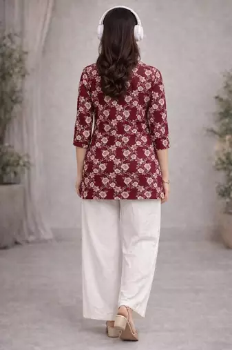 Womens new trendy red flower floral printed short kurti with beige palazzo set