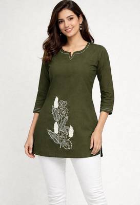 Womens latest cotton mehendi green floral embroidered short kurti 1