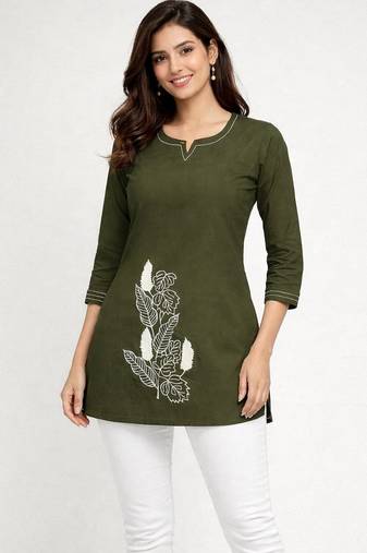 Womens new latest cotton mehendi green floral embroidered short kurti