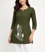 Womens new latest  cotton mehendi green floral embroidered short kurti