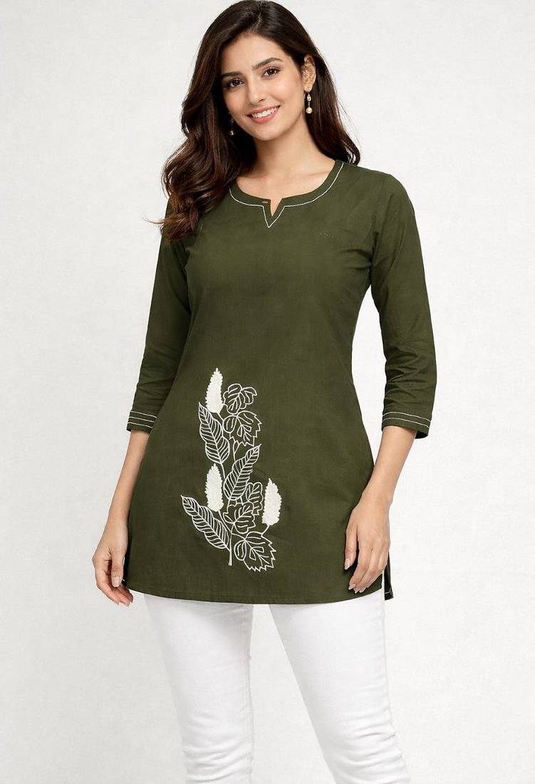 Womens new latest  cotton mehendi green floral embroidered short kurti