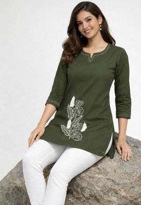 Womens latest cotton mehendi green floral embroidered short kurti 2
