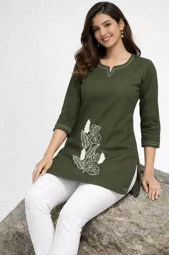 Womens new latest cotton mehendi green floral embroidered short kurti